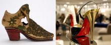 Pantoful din stanga provine din Franta secolului XVII si a apartinut unui copil – tocul din piele stivuita a fost vopsit in rosu pentru a sugera statutul privilegiat. - De ce purtau barbatii pantofi cu toc?
