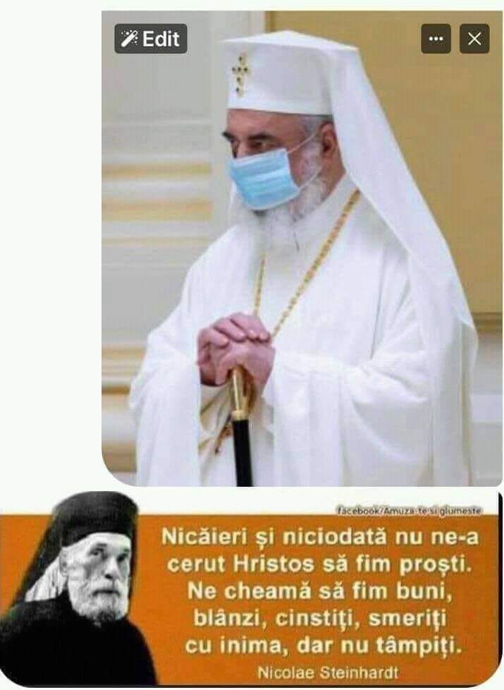 Masca si Daniel patriarhul Romaniei (Dan Ilie Ciobotea) cu masca si ce spune Parintele Nicolae Steinhardt: Nicaieri si niciodata nu ne a cerut Hristos sa fim prosti, Ne cheama sa fim buni, blanzi si cinstiti smeriti cu inima, dar nu tampiti. - Si despre manusi, luarea temperaturiii in perioada de restrictii Corona virus, familia de virusuri Corona, cu tulpina SARS-CoV-2 care produce o gripa putin mai puternica decat o gripa normala.