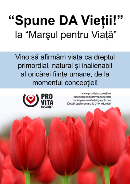 Spune DA vietii, la "Marsul pentru Viata"! - Vino sa afirmam viata ca dreptul primordial, natural si inalienabil al oricarei fiinte umane, de la momentul conceptiei! - Marsul pentru viata 2011 - Sambata 26 martie 2011 - Organizator in Bucuresti Asociatia Pro-Vita pentru Nascuti si Nenascuti filiala Bucuresti - ProVitaBucuresti.ro